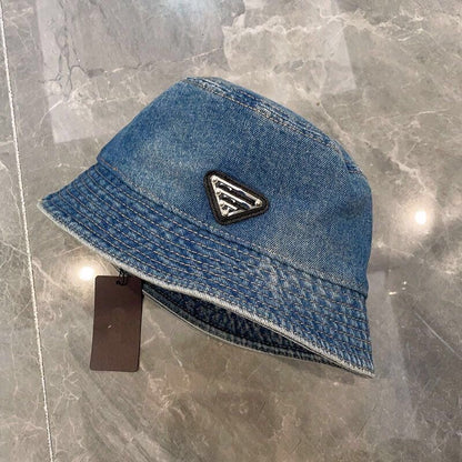 【#A487】Washed Denim Triangle Metal Logo Bucket Hat, Unisex Vintage Wide Brim Sun Hat