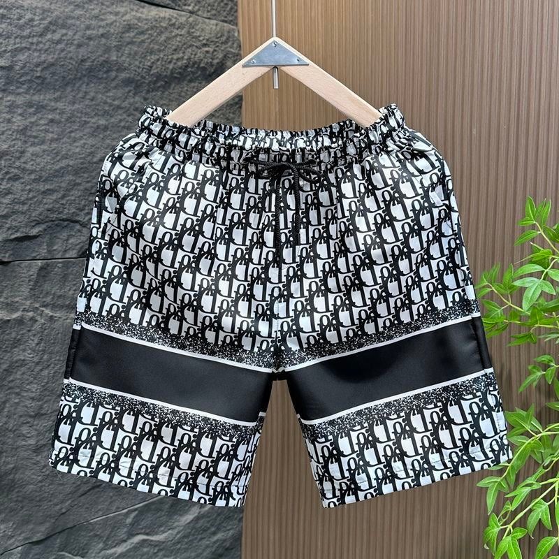 【#A489】All Over Hidden Print Stripe 5 Inch Shorts, Men Ice Silk Drawstring Beach Casual Pants