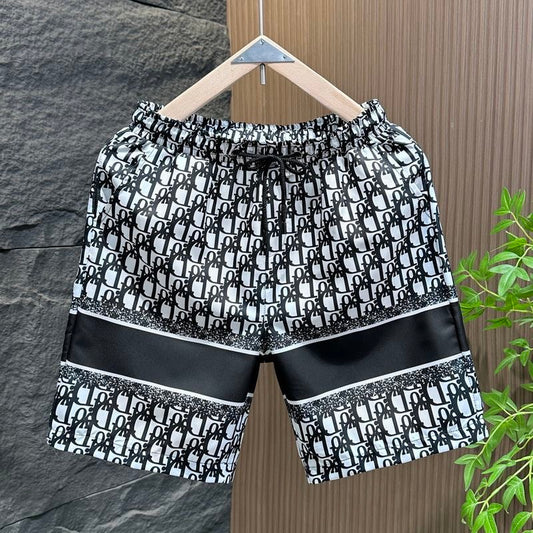 【#A489】All Over Hidden Print Stripe 5 Inch Shorts, Men Ice Silk Drawstring Beach Casual Pants