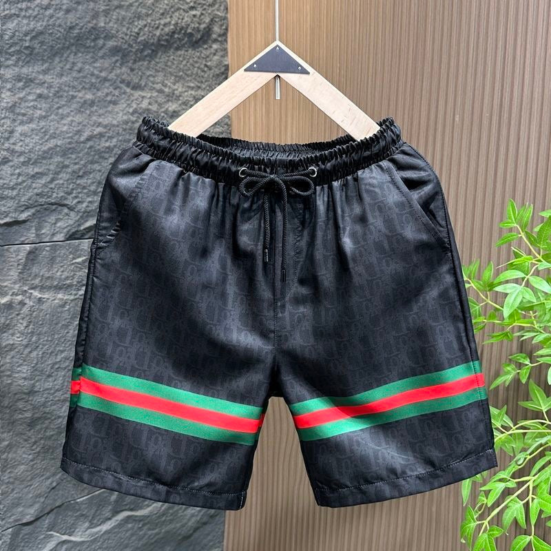【#A489】All Over Hidden Print Stripe 5 Inch Shorts, Men Ice Silk Drawstring Beach Casual Pants