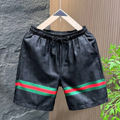【#A489】All Over Hidden Print Stripe 5 Inch Shorts, Men Ice Silk Drawstring Beach Casual Pants