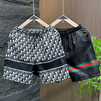 【#A489】All Over Hidden Print Stripe 5 Inch Shorts, Men Ice Silk Drawstring Beach Casual Pants