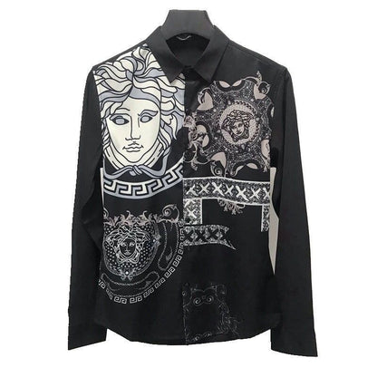 【#A490】Vintage Figure Print Long Sleeve Shirt, Men Silky Draped Collar Casual Blouse