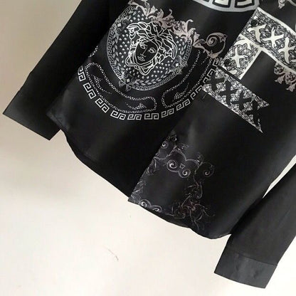 【#A490】Vintage Figure Print Long Sleeve Shirt, Men Silky Draped Collar Casual Blouse