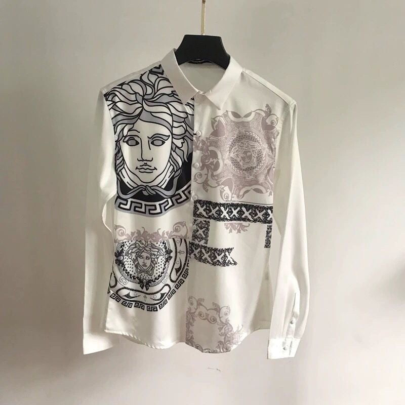 【#A490】Vintage Figure Print Long Sleeve Shirt, Men Silky Draped Collar Casual Blouse