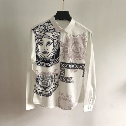 【#A490】Vintage Figure Print Long Sleeve Shirt, Men Silky Draped Collar Casual Blouse
