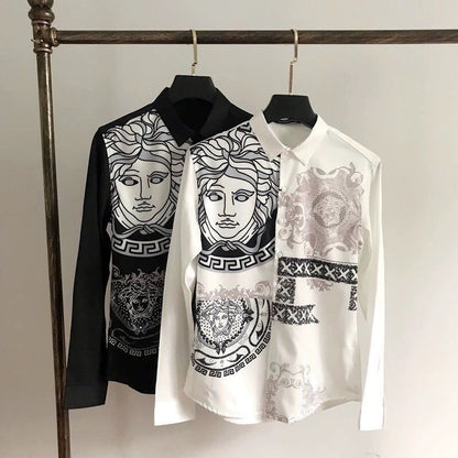 【#A490】Vintage Figure Print Long Sleeve Shirt, Men Silky Draped Collar Casual Blouse