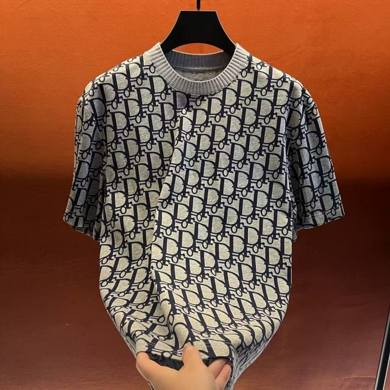 【#A491】All Over Letter Jacquard Crew Neck T-shirt, Unisex Loose Breathable Casual Tee