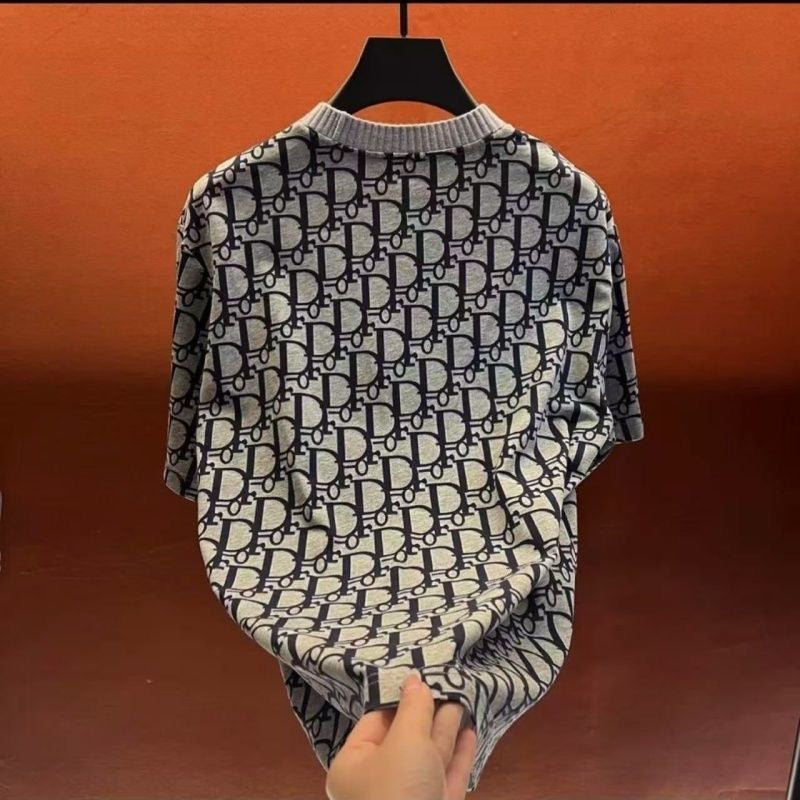 【#A491】All Over Letter Jacquard Crew Neck T-shirt, Unisex Loose Breathable Casual Tee