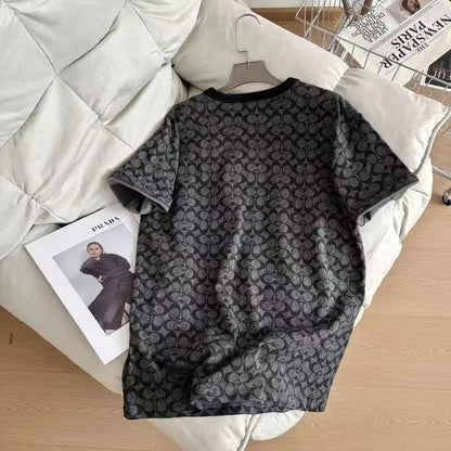 【#A492】Vintage All Over Hidden Print Crew Neck T-shirt, Unisex Loose Breathable Casual Tee