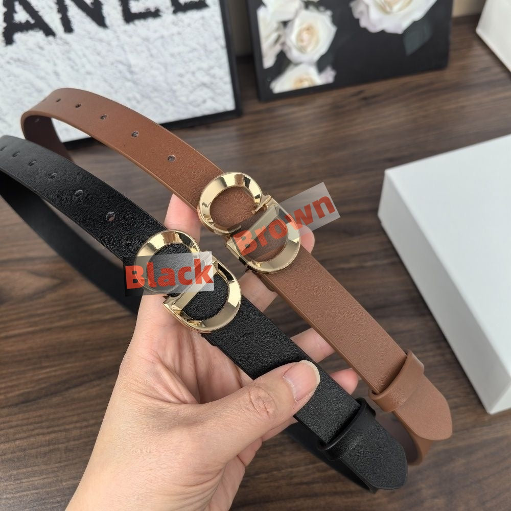 【#A493】Metal Double Ring Buckle Smooth Leather Thin Belt, Minimal Decor Waist Belt For Women