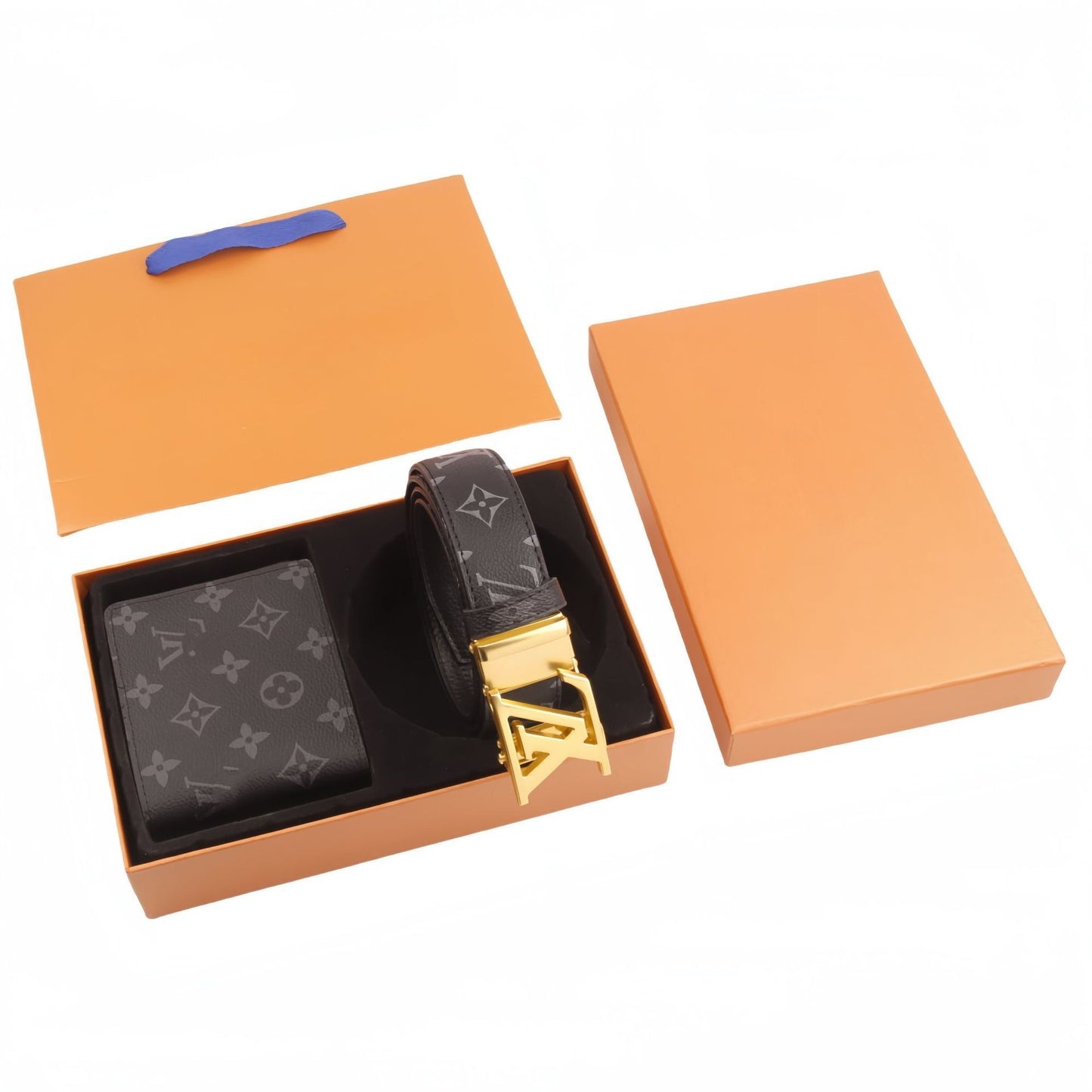 【#A494】Vintage Monogram Check Automatic Buckle Belt & Wallet Gift Box Set, Men Business Gift 2-Piece Kit