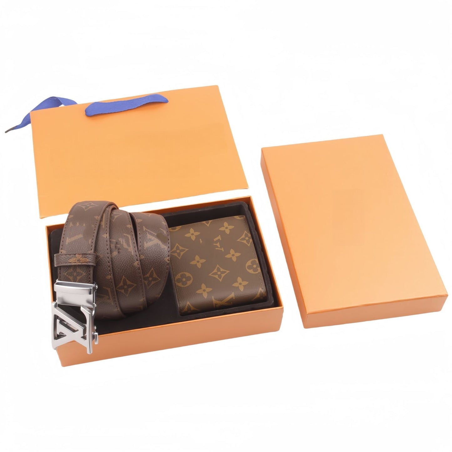 【#A494】Vintage Monogram Check Automatic Buckle Belt & Wallet Gift Box Set, Men Business Gift 2-Piece Kit