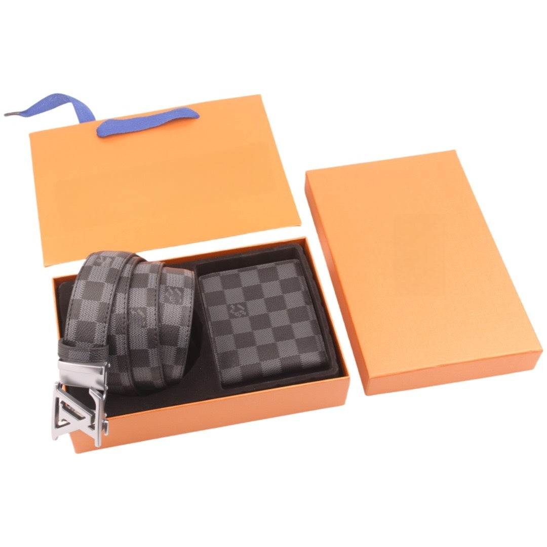【#A494】Vintage Monogram Check Automatic Buckle Belt & Wallet Gift Box Set, Men Business Gift 2-Piece Kit