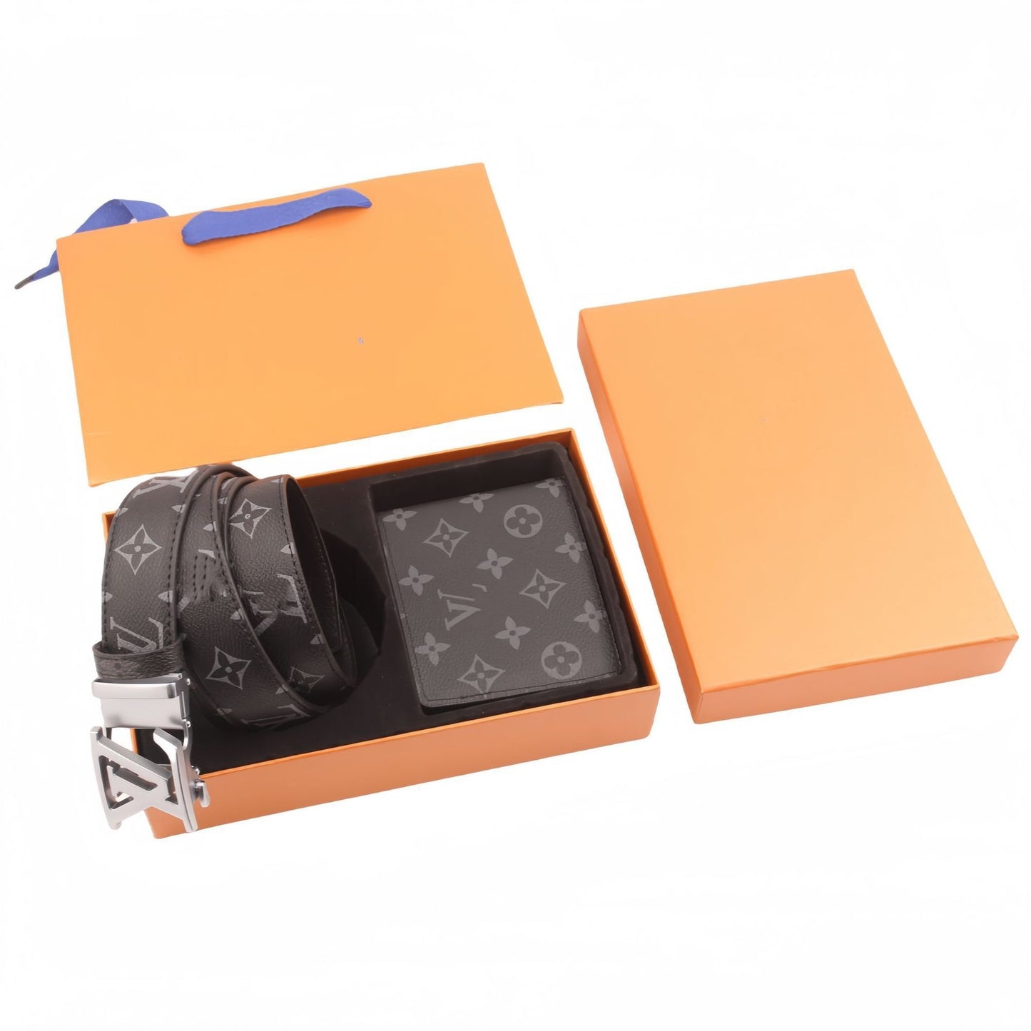 【#A494】Vintage Monogram Check Automatic Buckle Belt & Wallet Gift Box Set, Men Business Gift 2-Piece Kit