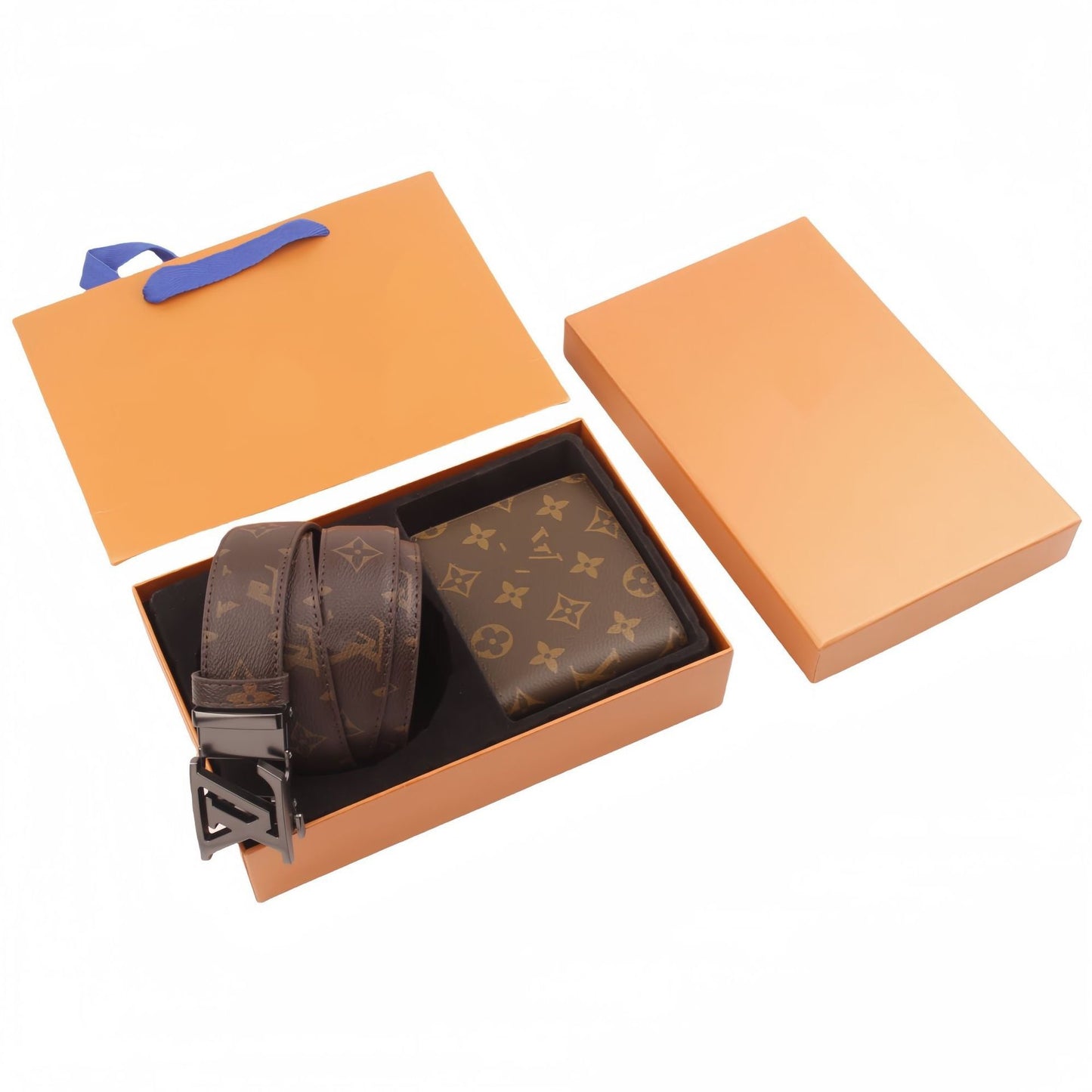 【#A494】Vintage Monogram Check Automatic Buckle Belt & Wallet Gift Box Set, Men Business Gift 2-Piece Kit
