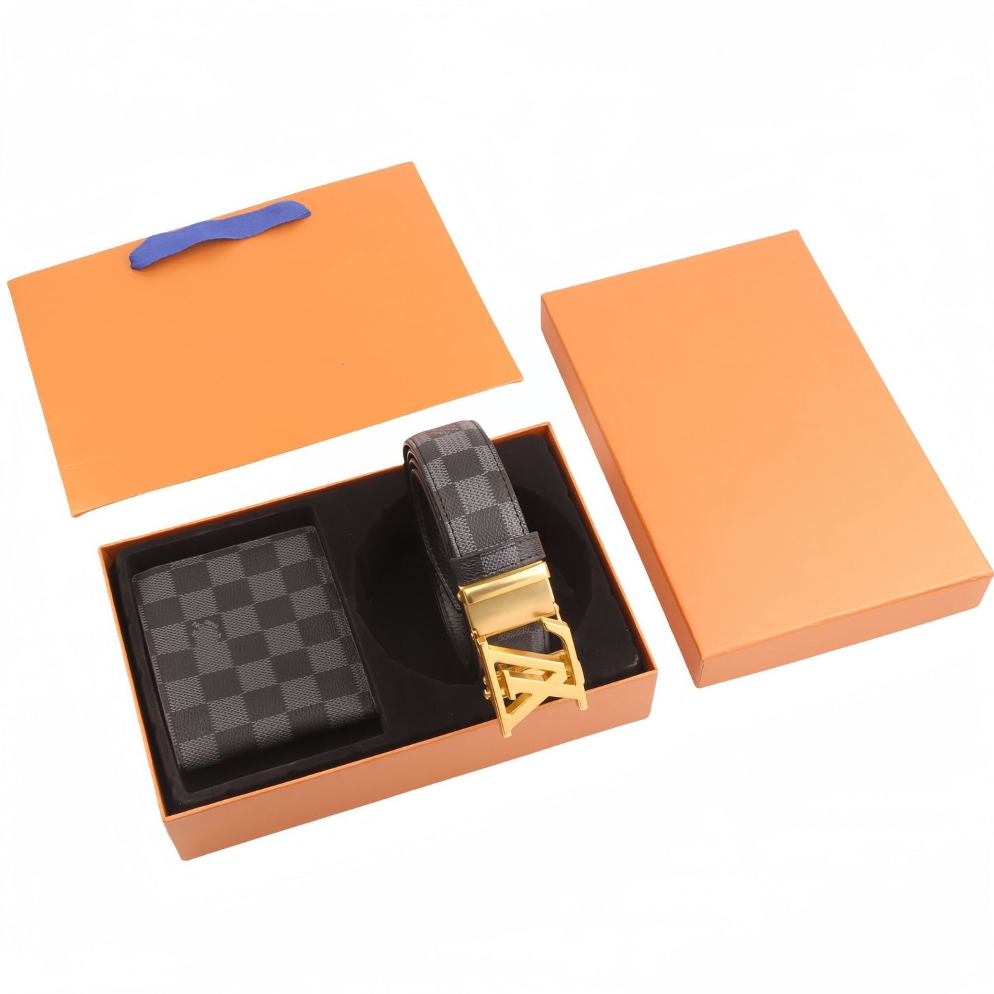 【#A494】Vintage Monogram Check Automatic Buckle Belt & Wallet Gift Box Set, Men Business Gift 2-Piece Kit
