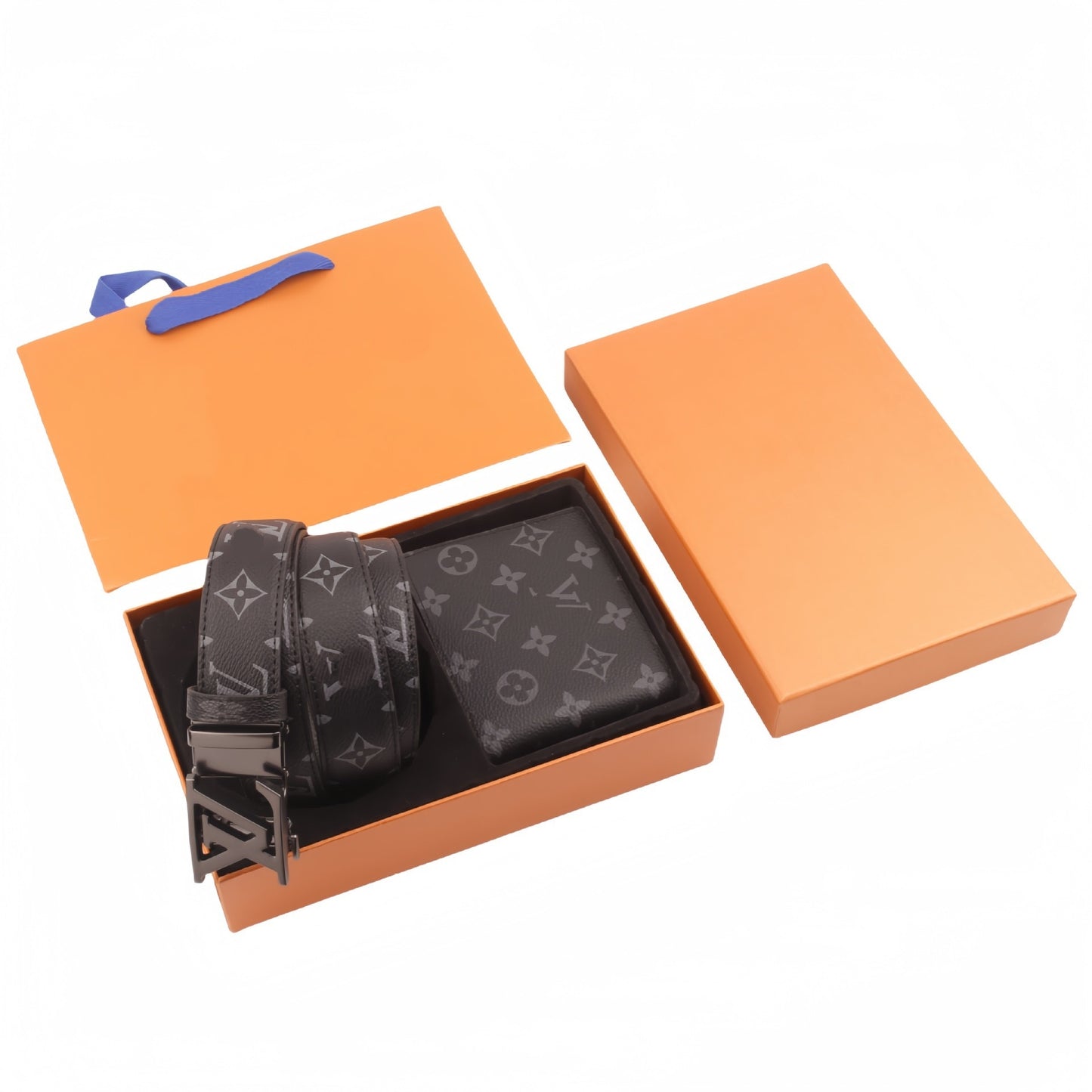 【#A494】Vintage Monogram Check Automatic Buckle Belt & Wallet Gift Box Set, Men Business Gift 2-Piece Kit