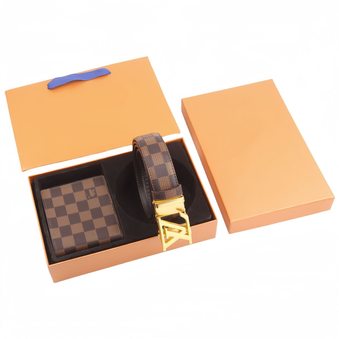 【#A494】Vintage Monogram Check Automatic Buckle Belt & Wallet Gift Box Set, Men Business Gift 2-Piece Kit