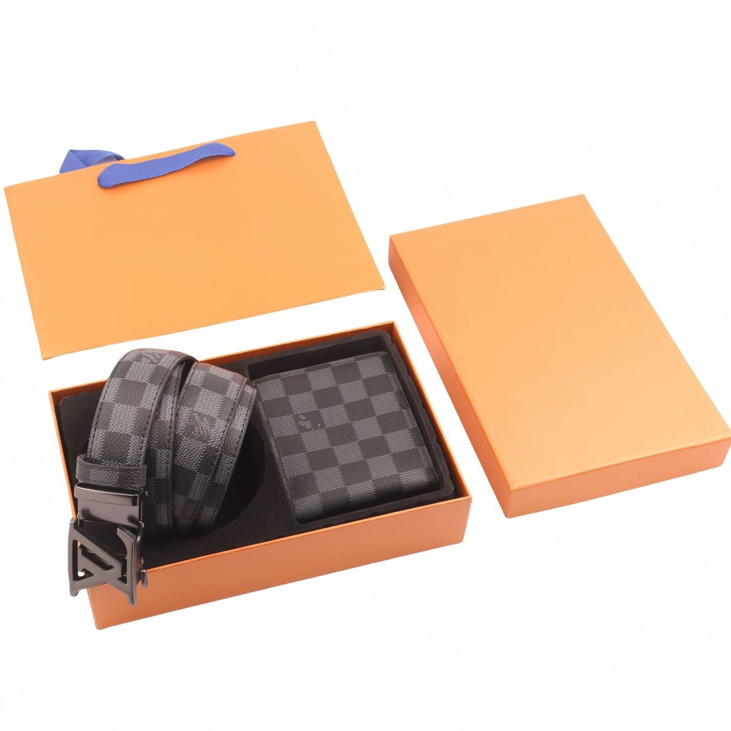 【#A494】Vintage Monogram Check Automatic Buckle Belt & Wallet Gift Box Set, Men Business Gift 2-Piece Kit