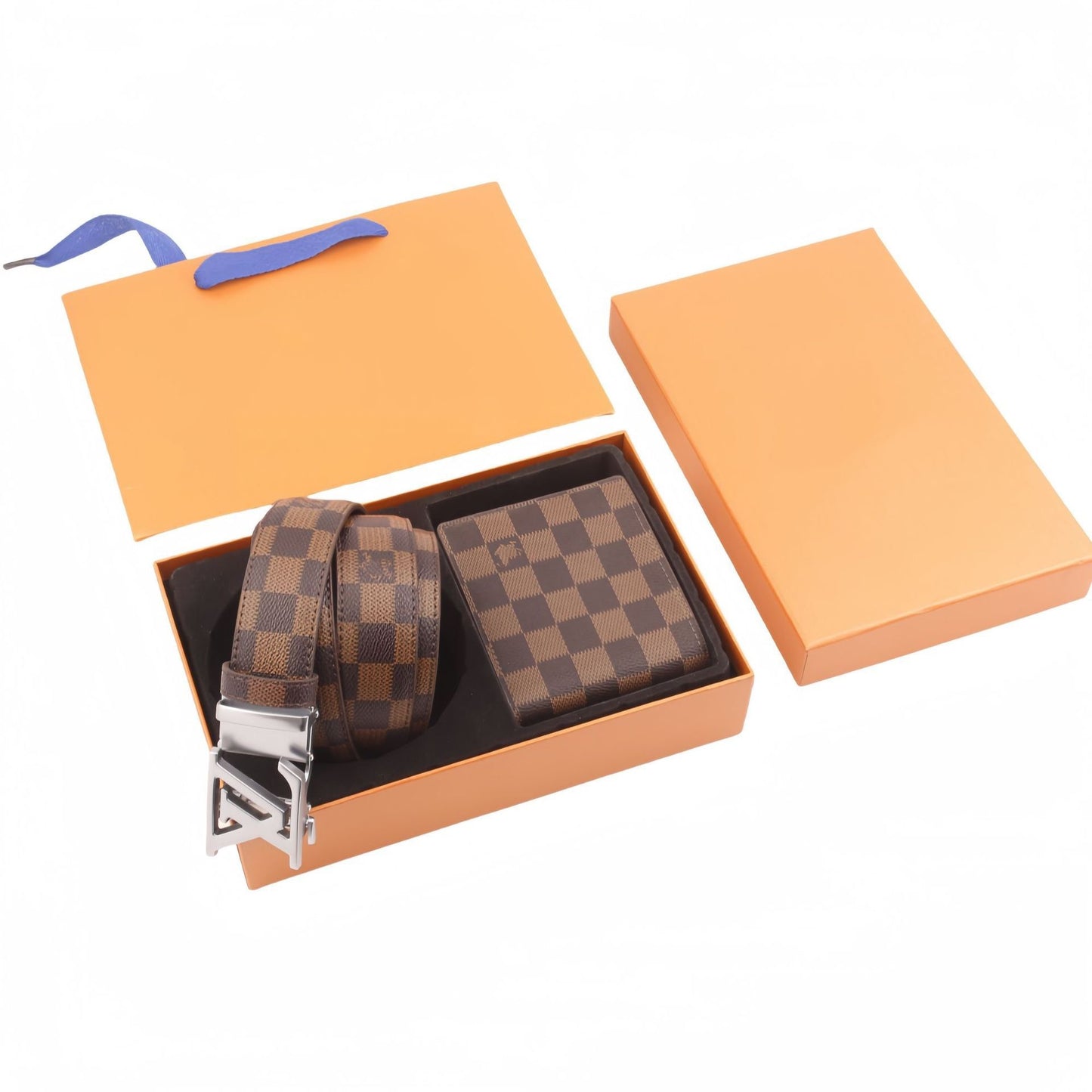 【#A494】Vintage Monogram Check Automatic Buckle Belt & Wallet Gift Box Set, Men Business Gift 2-Piece Kit