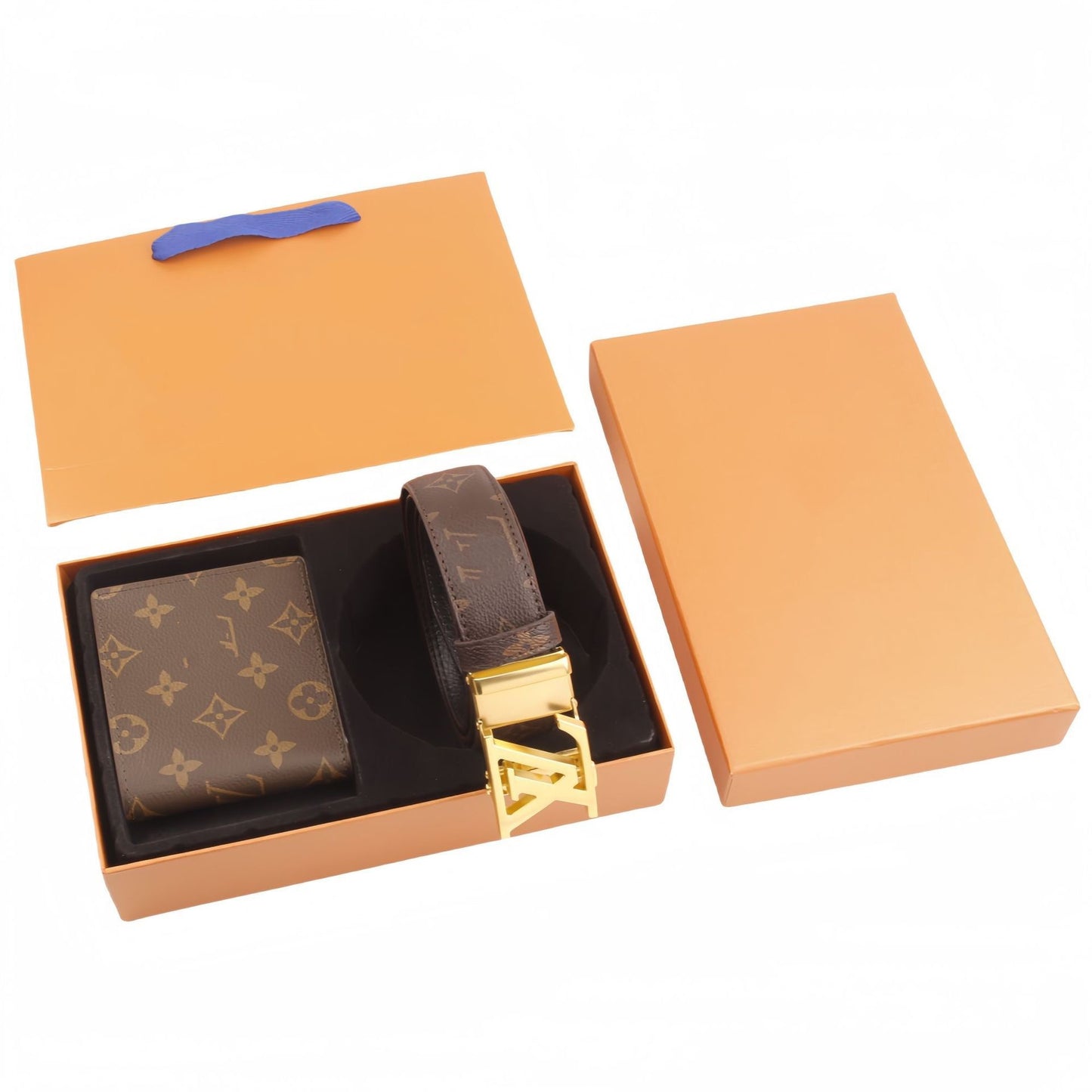 【#A494】Vintage Monogram Check Automatic Buckle Belt & Wallet Gift Box Set, Men Business Gift 2-Piece Kit