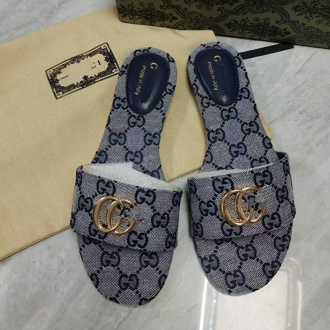 【#A496】Vintage Monogram Flat Slide Sandals For Women, Metal Buckle Outdoor Casual Slippers