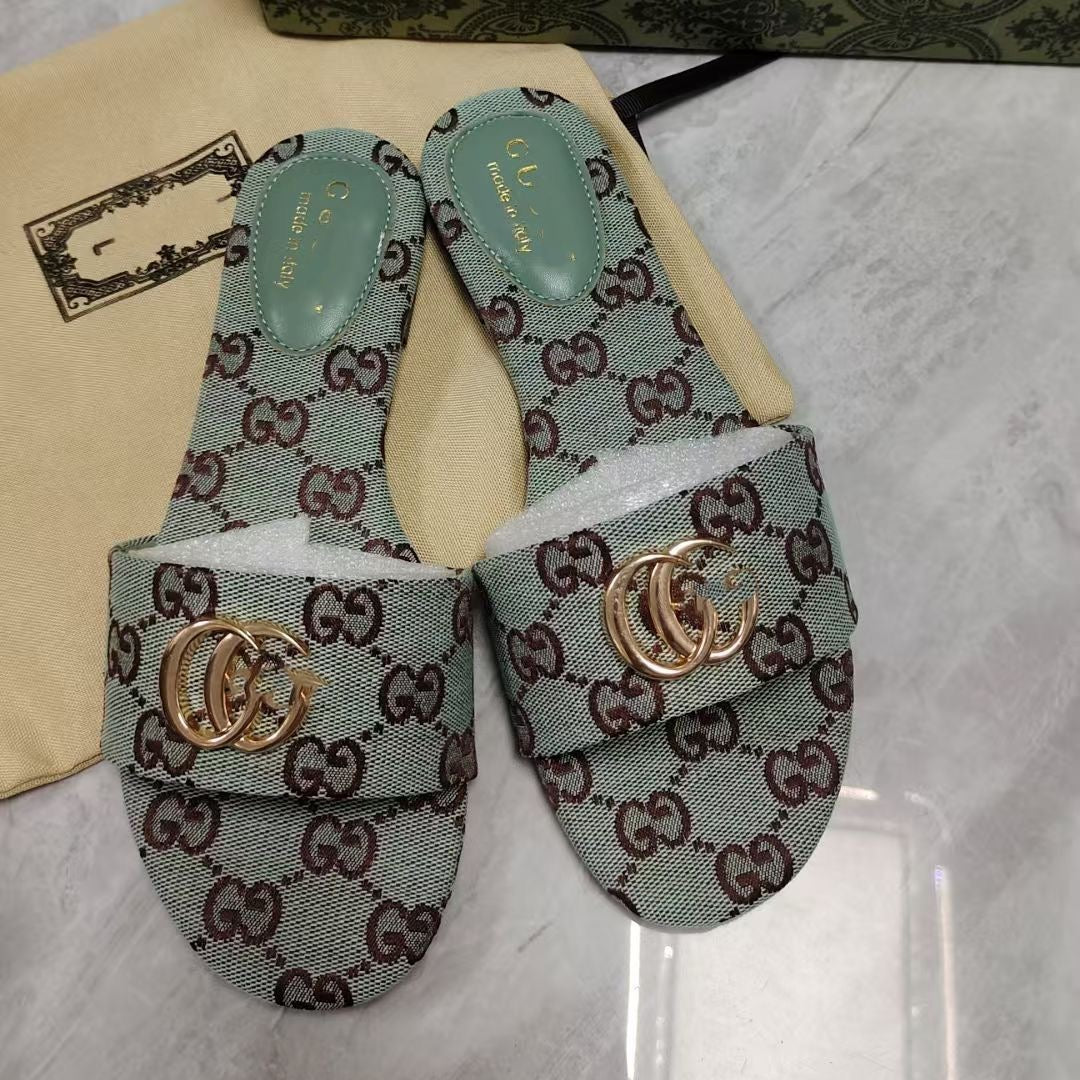 【#A496】Vintage Monogram Flat Slide Sandals For Women, Metal Buckle Outdoor Casual Slippers