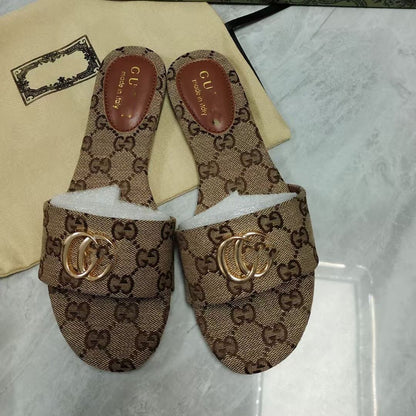 【#A496】Vintage Monogram Flat Slide Sandals For Women, Metal Buckle Outdoor Casual Slippers