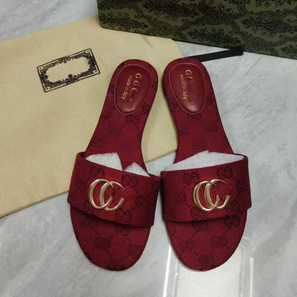 【#A496】Vintage Monogram Flat Slide Sandals For Women, Metal Buckle Outdoor Casual Slippers