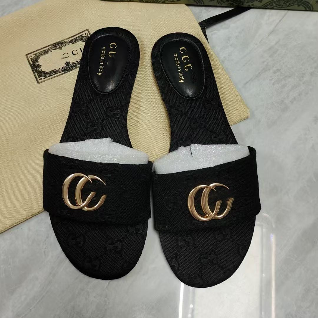 【#A496】Vintage Monogram Flat Slide Sandals For Women, Metal Buckle Outdoor Casual Slippers