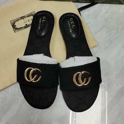 【#A496】Vintage Monogram Flat Slide Sandals For Women, Metal Buckle Outdoor Casual Slippers