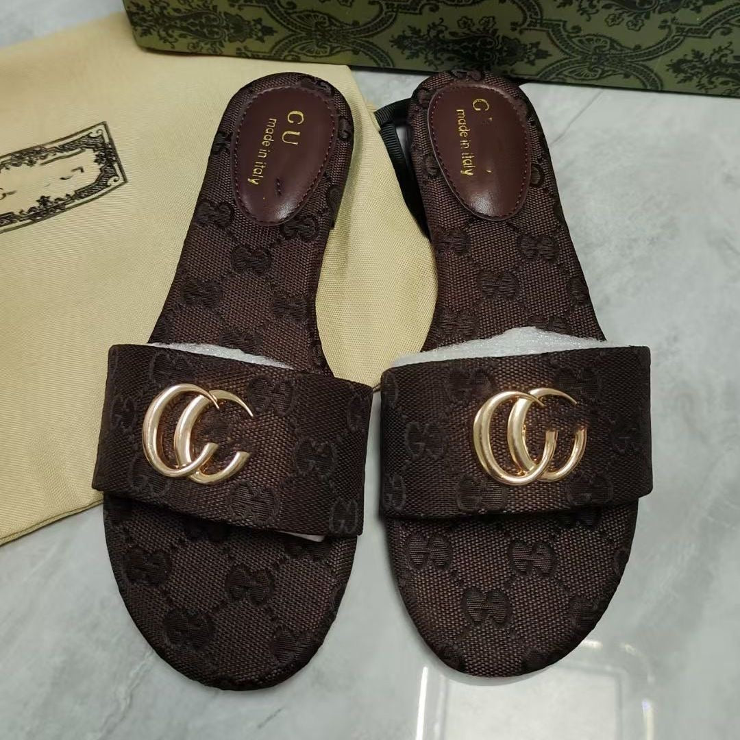 【#A496】Vintage Monogram Flat Slide Sandals For Women, Metal Buckle Outdoor Casual Slippers
