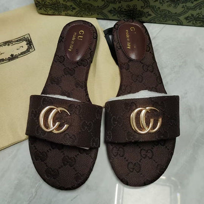 【#A496】Vintage Monogram Flat Slide Sandals For Women, Metal Buckle Outdoor Casual Slippers