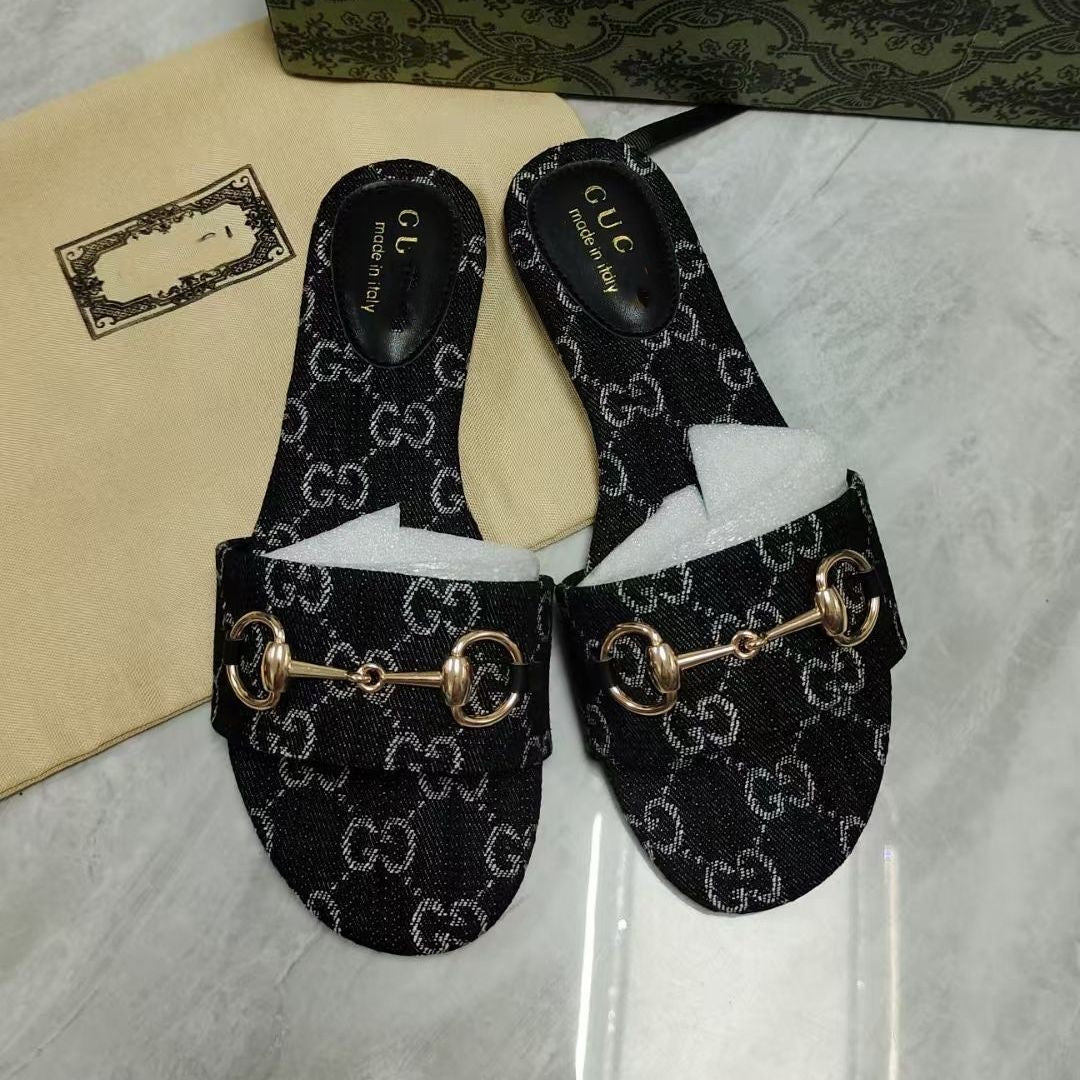 【#A496】Vintage Monogram Flat Slide Sandals For Women, Metal Buckle Outdoor Casual Slippers
