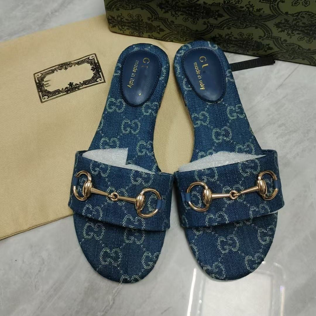 【#A496】Vintage Monogram Flat Slide Sandals For Women, Metal Buckle Outdoor Casual Slippers