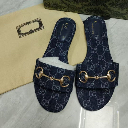 【#A496】Vintage Monogram Flat Slide Sandals For Women, Metal Buckle Outdoor Casual Slippers
