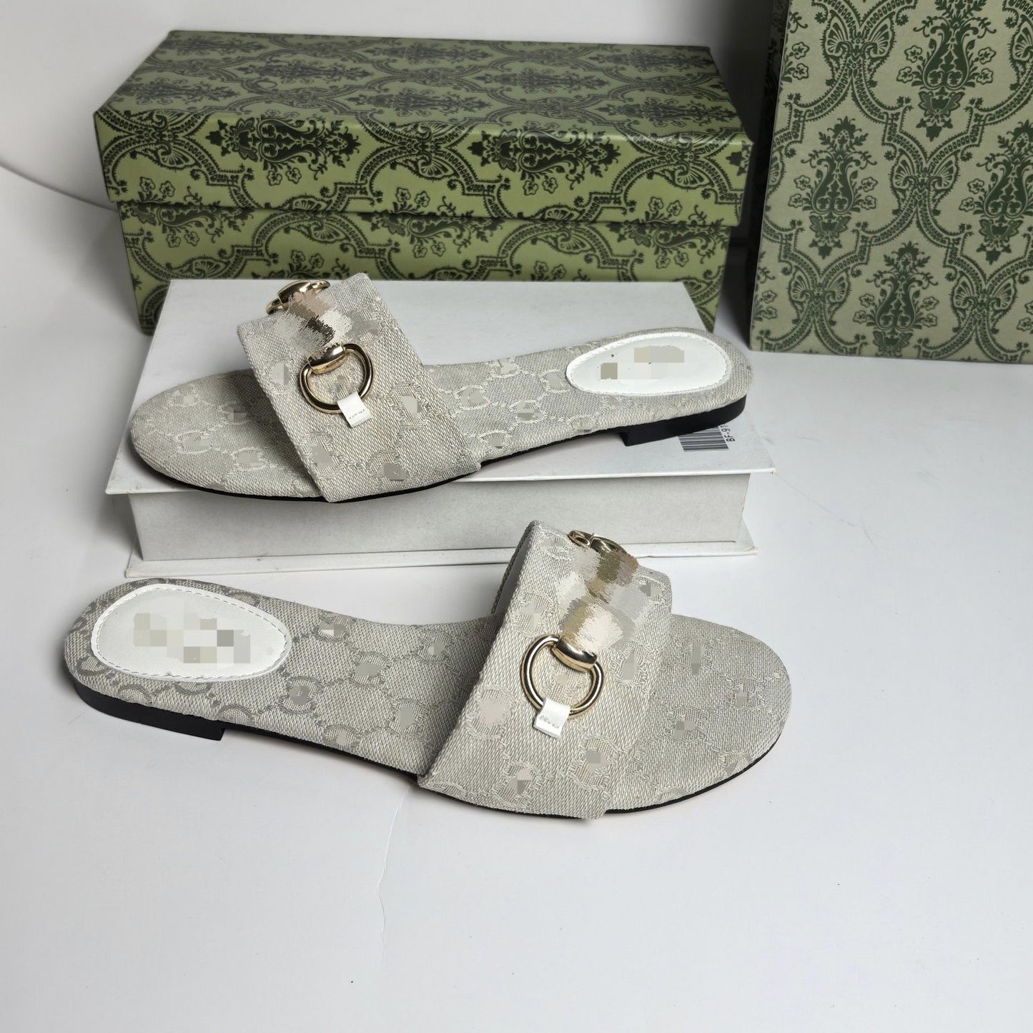 【#A497】Vintage Monogram Flat Slide Sandals For Women, Metal Buckle Outdoor Casual Slippers
