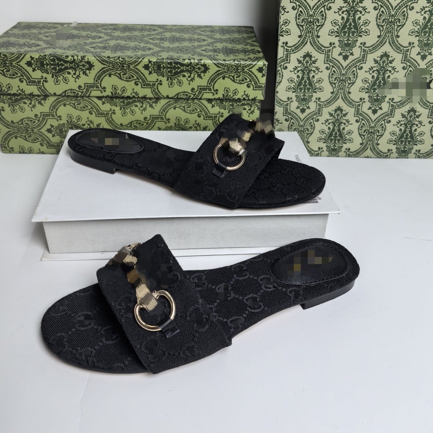 【#A497】Vintage Monogram Flat Slide Sandals For Women, Metal Buckle Outdoor Casual Slippers