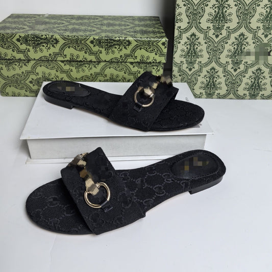 【#A497】Vintage Monogram Flat Slide Sandals For Women, Metal Buckle Outdoor Casual Slippers