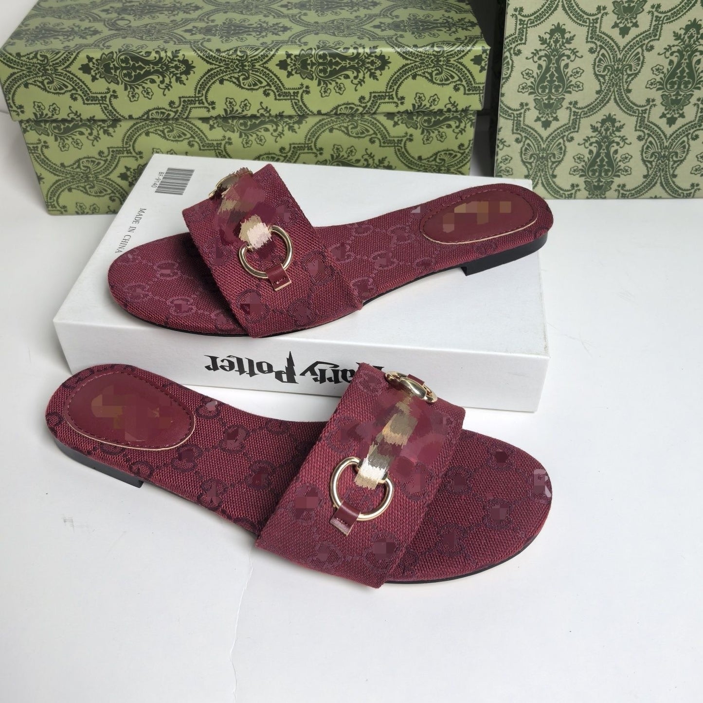 【#A497】Vintage Monogram Flat Slide Sandals For Women, Metal Buckle Outdoor Casual Slippers