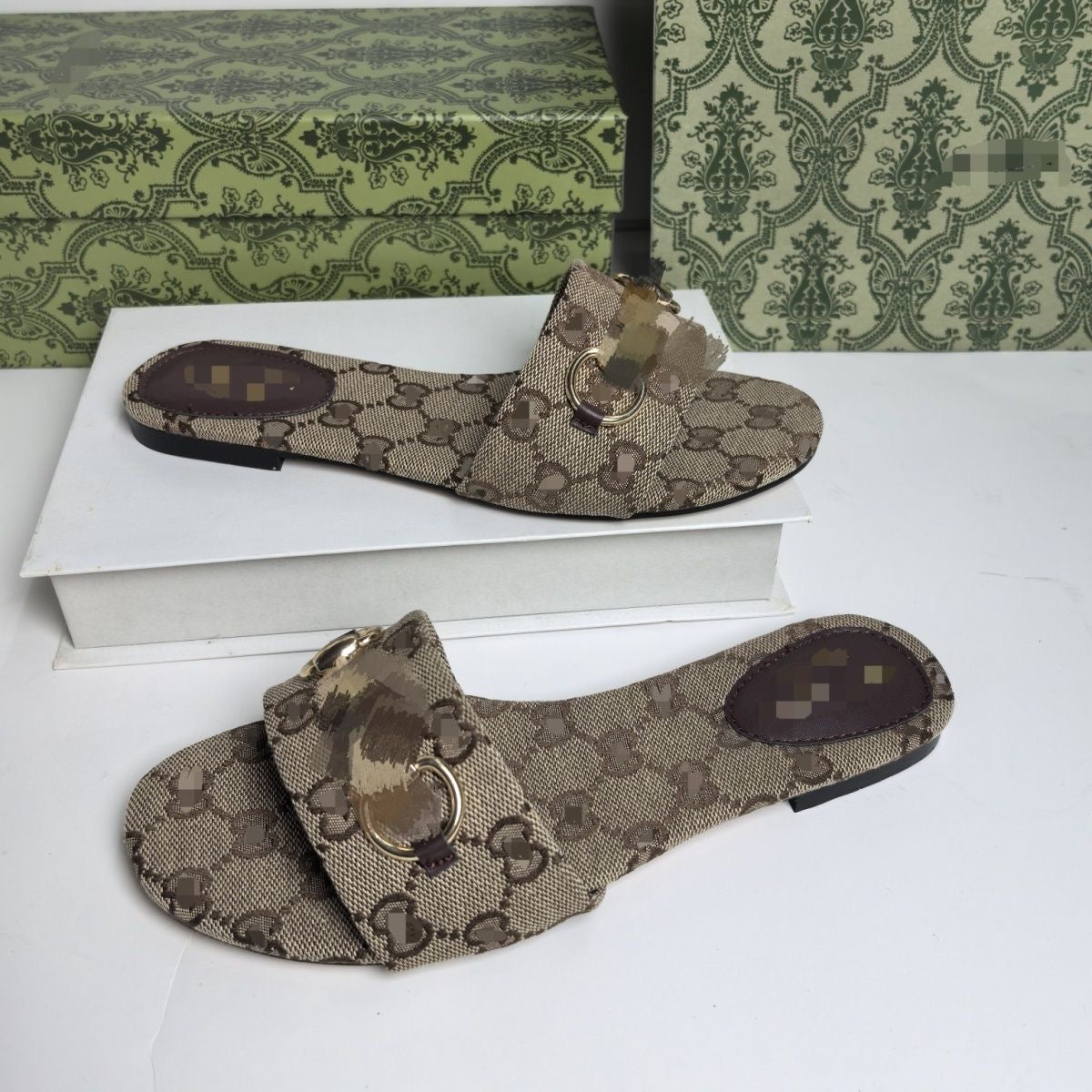 【#A497】Vintage Monogram Flat Slide Sandals For Women, Metal Buckle Outdoor Casual Slippers