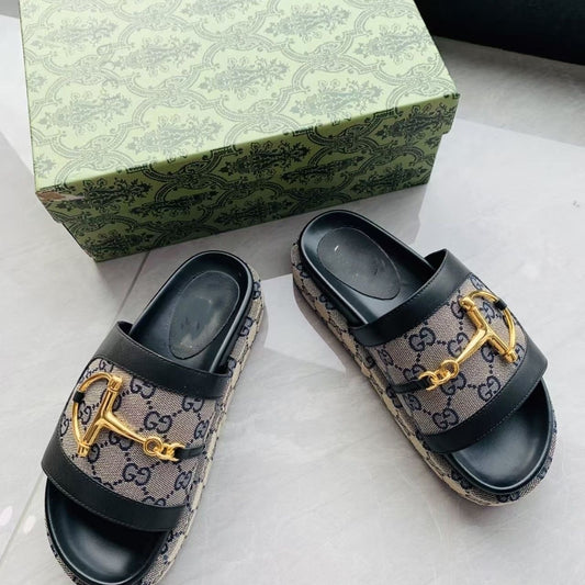 【#A498】Vintage Monogram Metal Buckle Flat Slide Sandals For Women, Breathable Outdoor Casual Slippers