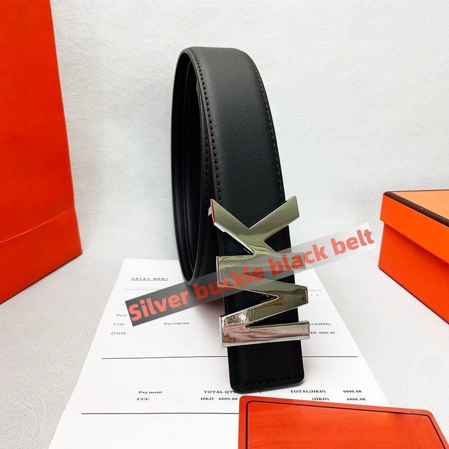 【#A502】3D Letter Metal Pin Buckle Men Solid Leather Belt, Versatile Wide Strap For Business & Daily Wear