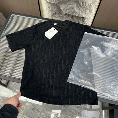 【#A506】All Over Embossed Print Crew Neck T-Shirt, Loose Casual Solid Short Sleeve Top For Men Women