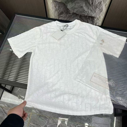 【#A506】All Over Embossed Print Crew Neck T-Shirt, Loose Casual Solid Short Sleeve Top For Men Women