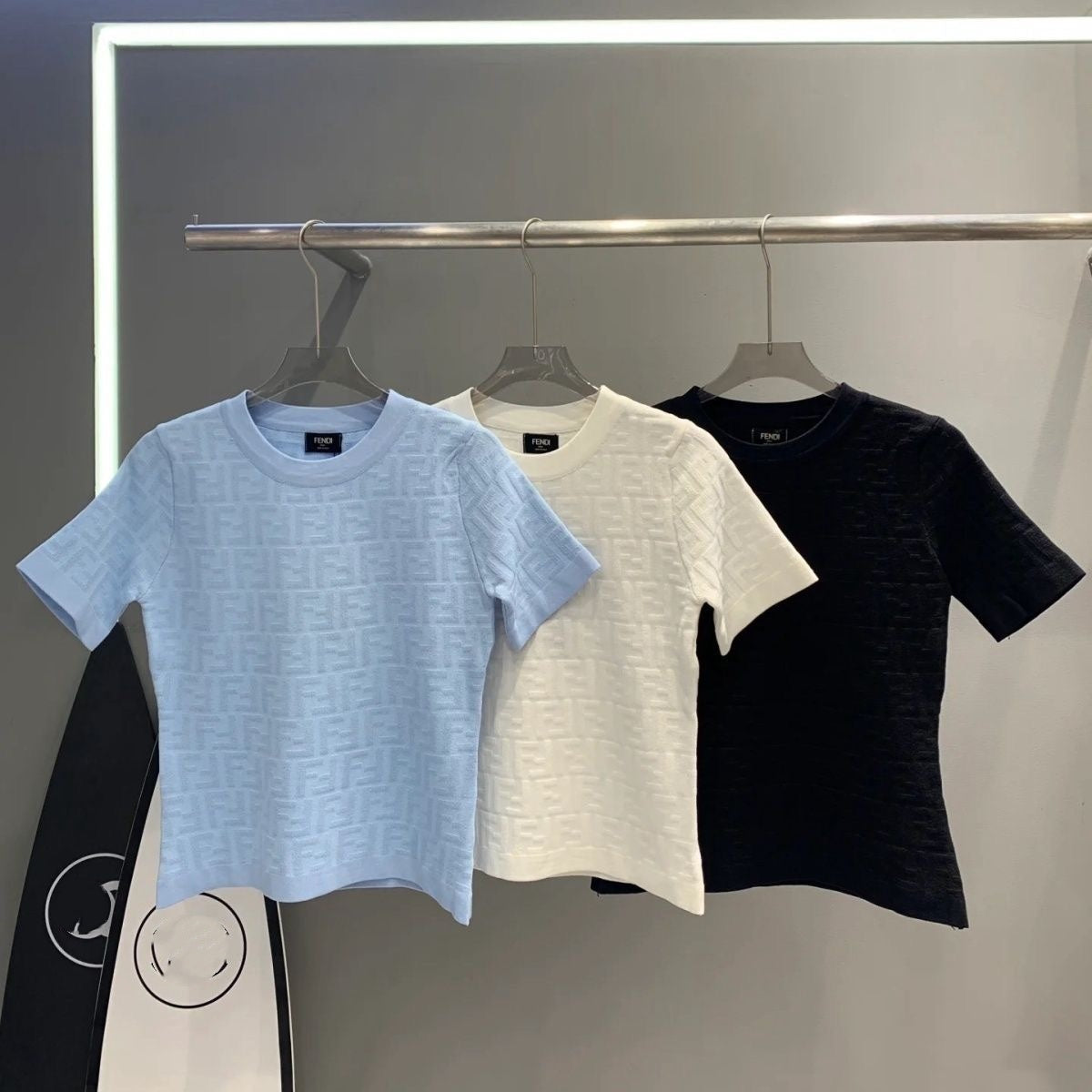 【#A507】All Over Embossed Jacquard Knit Short Sleeve, Slim Crew Neck Breathable Top