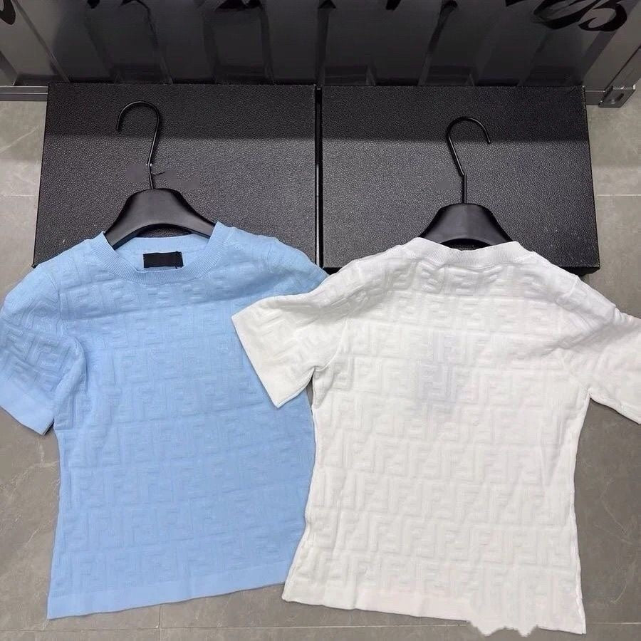【#A507】All Over Embossed Jacquard Knit Short Sleeve, Slim Crew Neck Breathable Top