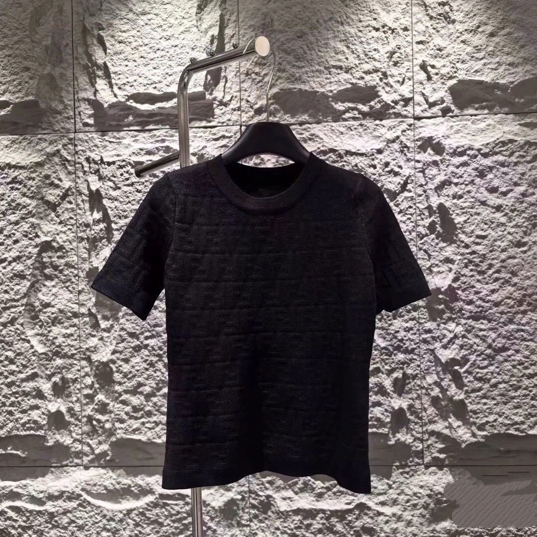 【#A507】All Over Embossed Jacquard Knit Short Sleeve, Slim Crew Neck Breathable Top