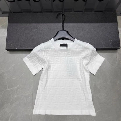 【#A507】All Over Embossed Jacquard Knit Short Sleeve, Slim Crew Neck Breathable Top